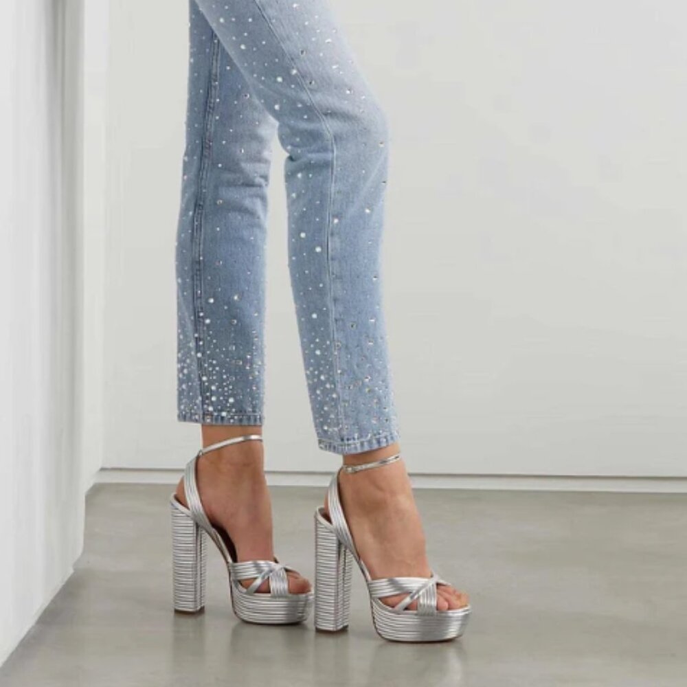 FSJ Silver Metallic Ankle Strap Platform High Heel Sandal